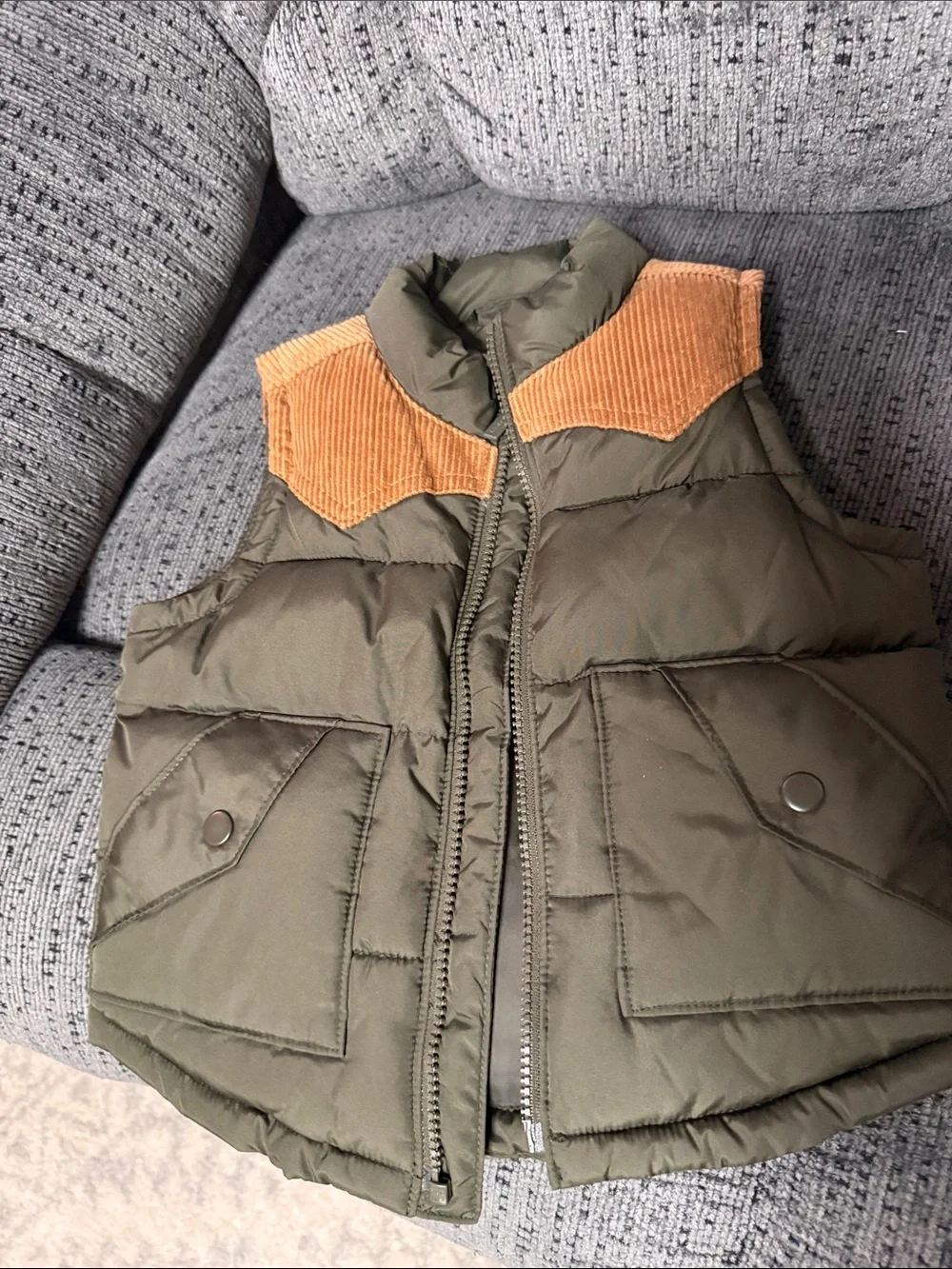Old Navy Olive Green Puffer Vest with Tan Corduroy Accents